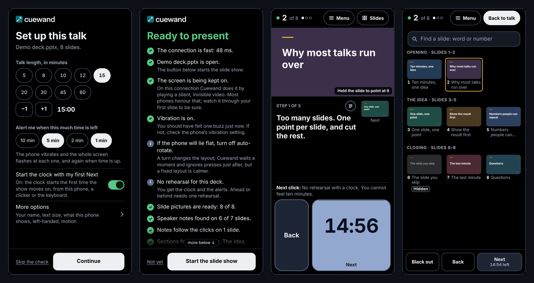 Four Cuewand phone screens: Setup, the ready check, the talk view with speaker notes and the clock on Next, and the slide grid for finding a slide