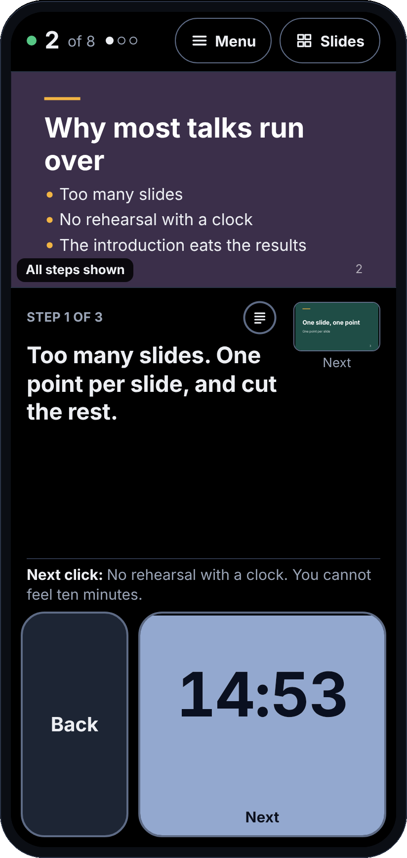 Cuewand's talk view on a phone: the current slide, the speaker note for this animation step, a preview of the next slide, and 14:53 left shown on the Next button