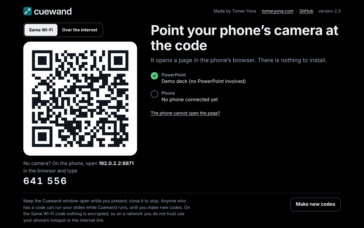 Cuewand pairing page on the laptop: a large QR code to scan, a short address and 6-digit number for phones without a camera, and the state of PowerPoint and the phone